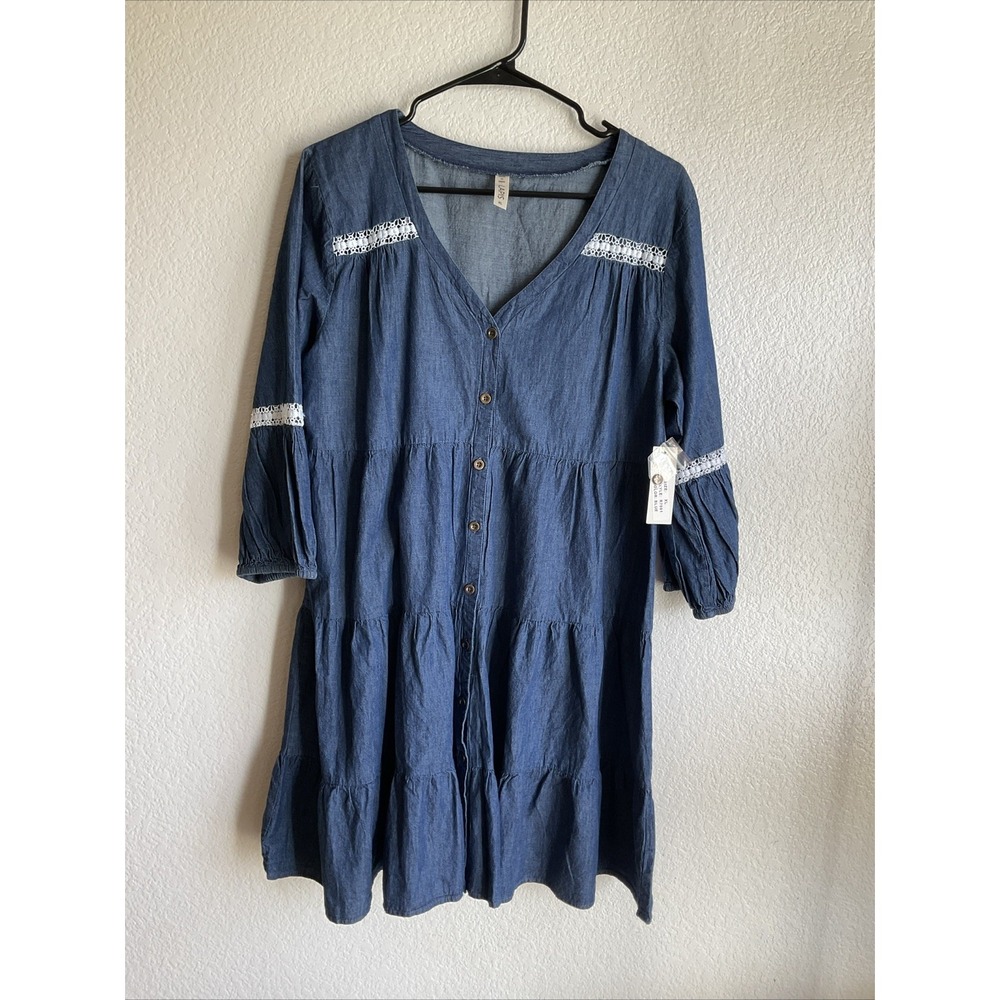 Lapis Denim Shirt Dress Women Large Retro 80s 3/4 Sleeve Mini Lace Boho Western